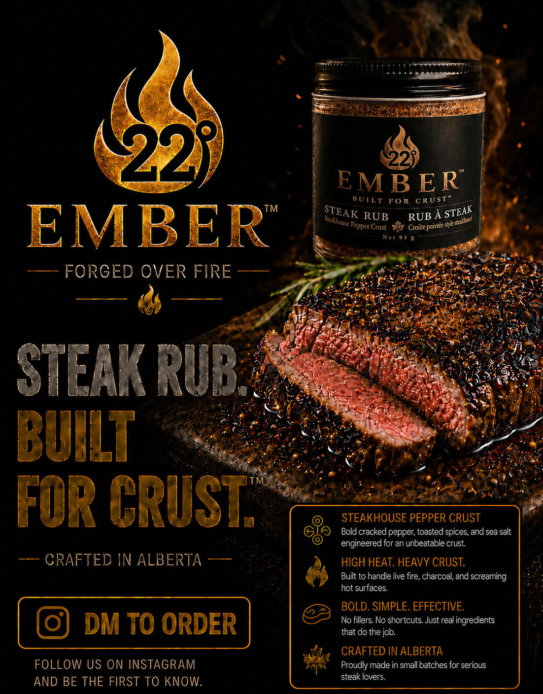 22° Ember Steak Rub, Alberta-made steak seasoning formulated for steakhouse pepper crust.